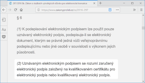 Definice uznávaného elektronického podpisu v zákoně č. 297/2016 Sb.