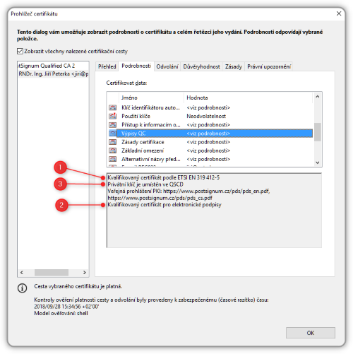 Jak položku QC Statements zobrazuje Adobe Acrobat Reader