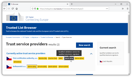 Kvalifikované služby ověřování platnosti dle Trusted List-u