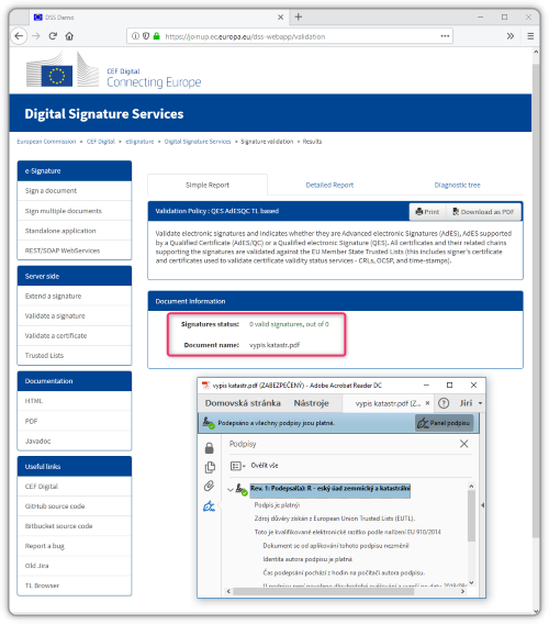 Výsledek ověření v tzv. unijním validátoru - jde o podpis v ne-referenčním formátu