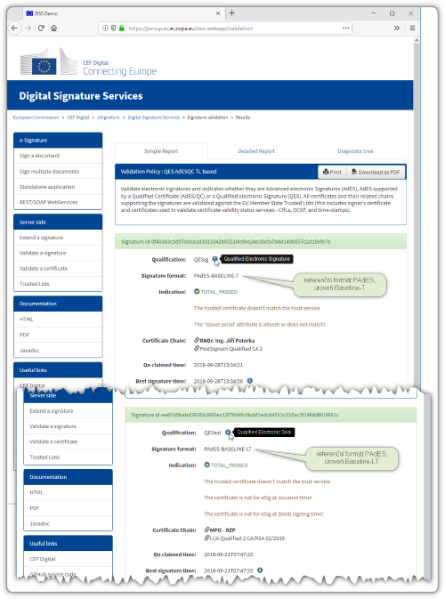 Vsledek oven v tzv. unijnm validtoru - jde o kvalifikovan podpis a kvalifikovanou pee v referennm formtu