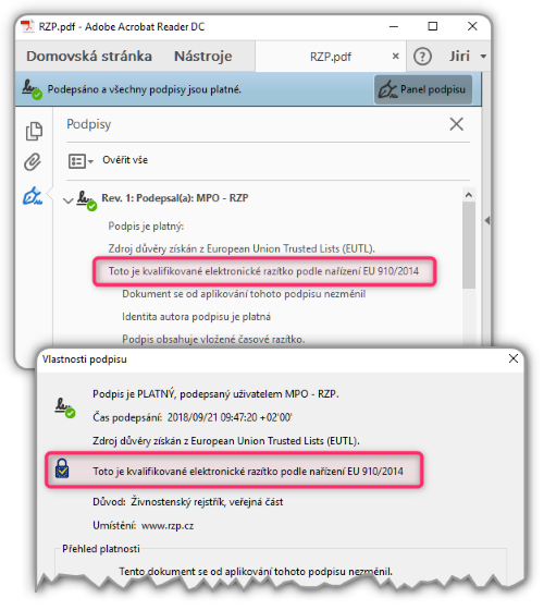 Kvalifikovaná elektronická pečeť v Adobe Acrobat Readeru DC, prezentovaná jako kvalifikované elektronické razítko