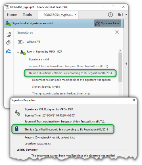 Kvalifikovaná elektronická pečeť v anglické verzi Adobe Acrobat Readeru DC