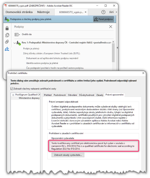 Jak v Adobe Acrobat Readeru poznat, že jde o pečeť