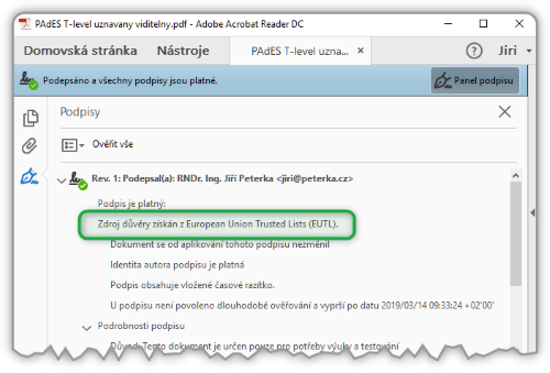 Zaručený el. podpis, založený na kvalifikovaném certifikátu - v Adobe Acrobat Readeru