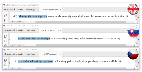 Oficiální překlad anglického Advanced Electronic Signature v české a slovenské verzi Nařízení eIDAS