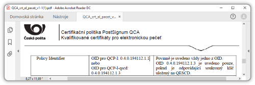 Citace z certifikační politiky PostSignum pro vydávání kvalifikovaných elektronických pečetí