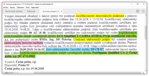 Obsah konverzní doložky dokumentu s elektronickým podpisem, z 19.10.2018