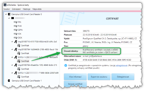 Je nainstalován certifikát s příznakem uložení soukromého klíče na QSCD