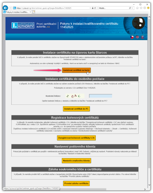 Nabídka instalace certifikátu z webového browseru
