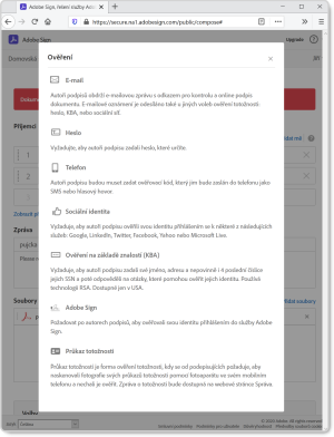 Varianty autentizace, které podporuje služba Adobe Sign