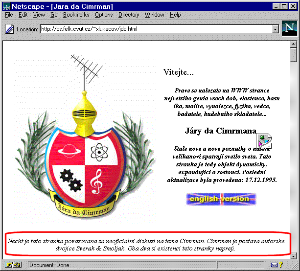 Neoficiln strnky Jry Cimrmana, i s disclaimerem