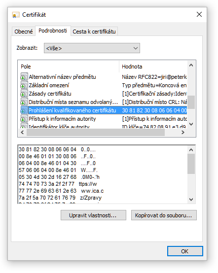 Obsah položky QcStatements, tak jak jej zobrazuje standardní prohlížec v MS Windows