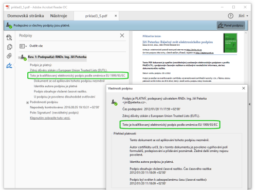Adobe Reader správně vyhodnotil druh elektronického podpisu