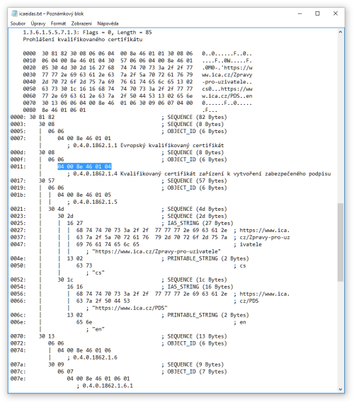 Textový výpis obsahu položky QcStatements, pomocí utility Certutil z MS Windows
