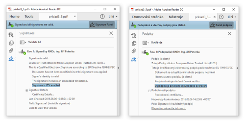 Adobe Reader rozpoznává podpis ve formátu LT, resp. LTV