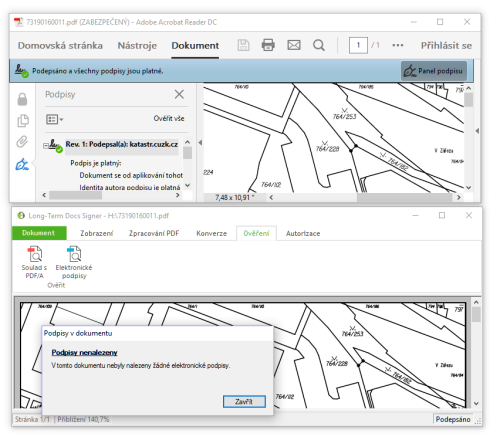 Program Adobe Reader elektronickou znaku na snmku katastrln mapy vid, program SIgner nikoli