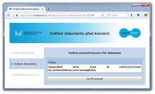 Ani CzechPOINT zatm nepozn el. pee, pi jejm ovovn hls chybu