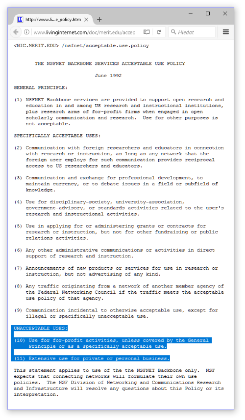 Podmnky Acceptable Use Policy st NSFNET