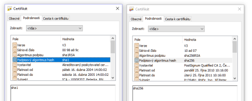 Dva certifikty: vlevo s SHA-1, vpravo s SHA-2
