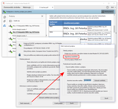 Jak se v Adobe Readeru zjist. jak haovac funkce byla pouita pro podpis