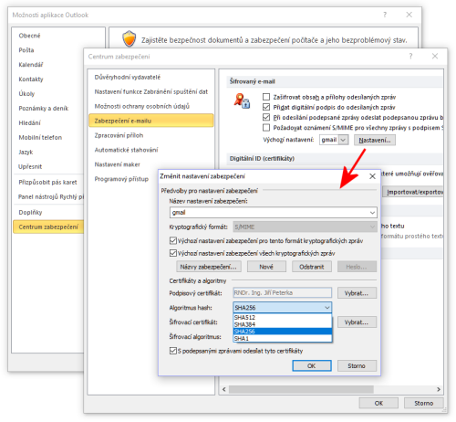 Nastavení hašovací funkce v MS Outlooku
