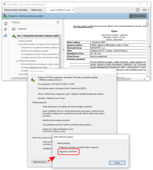 Vpis z Obchodnho rejstku - jeho podpis (pee) stle vyuv SHA-1