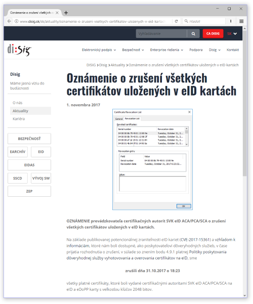 Oznmen o revokaci slovenskch certifikt