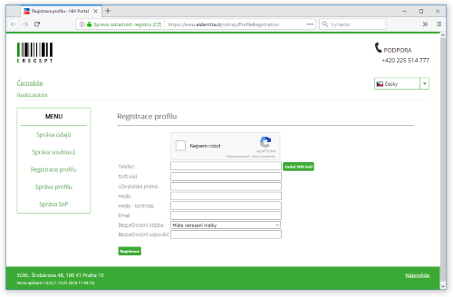 Registrace profilu