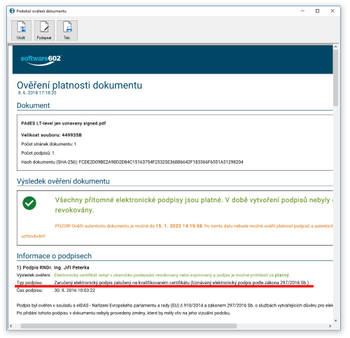 Pklad elektronickho podpisu, kter je vyhodnocen pouze jako uznvan 