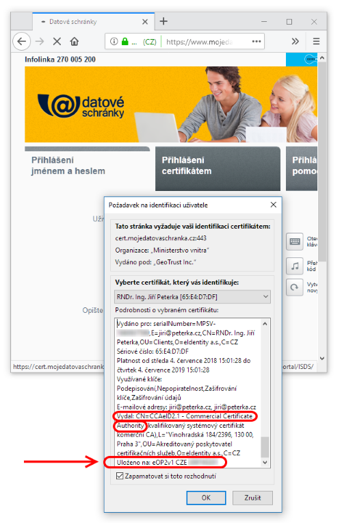 Pihlen k datov schrnce pomoc certifiktu, kter je uloen na eOP