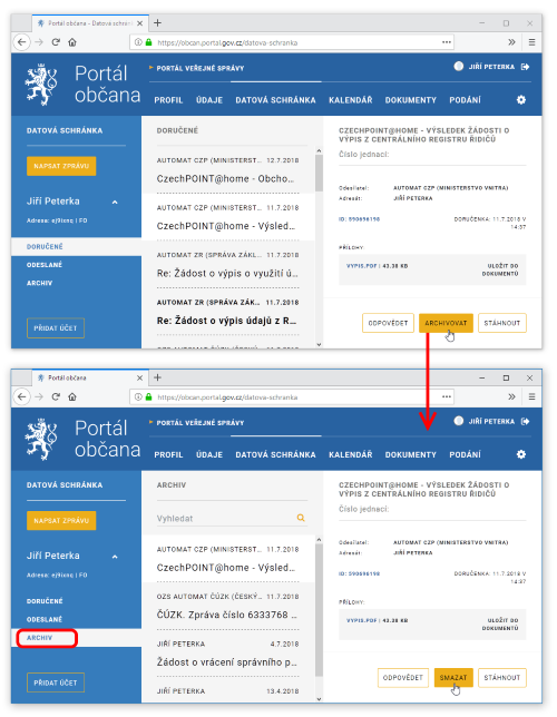 Pesunut datov zprvy do archivu