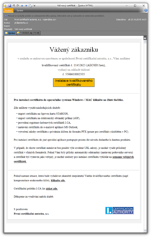 Instrukce k instalaci certifiktu od I.CA, zaslan emailem