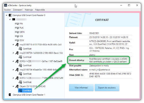 Nainstalovan certifikt s pznakem uloen soukromho kle na QSCD