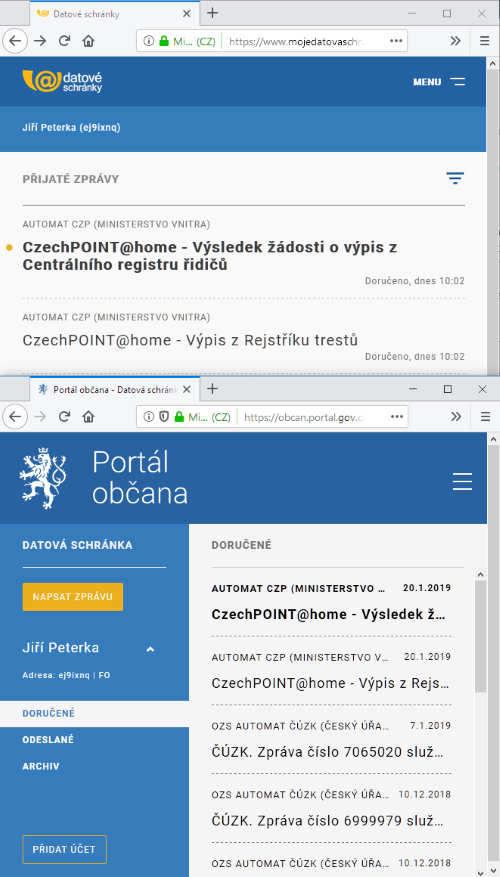 Ukázka responzivního designu Datových schránek (nahoře) a Portálu občana (dole)