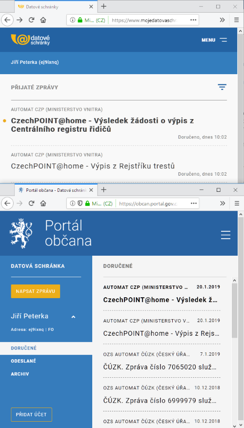 Ukzka responzivnho designu Datovch schrnek (nahoe) a Portlu obana (dole)