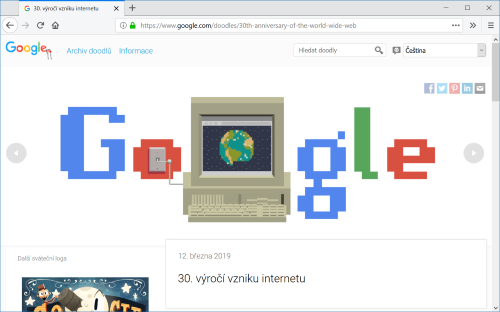 Doodle k 30. výročí World Wide Webu hovoří v češtině o výročí Internetu