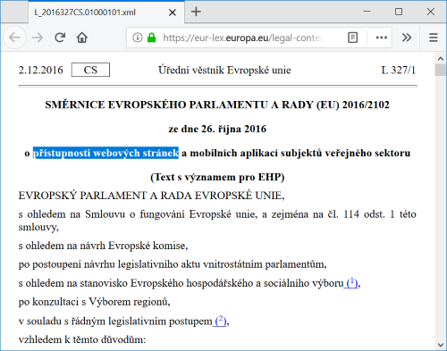 Český překlad unijní směrnice o přístupnosti - webových stránek, nikoli internetových stránek