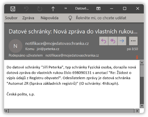 Pklad notifikace pmo od datovch schrnek (systmu ISDS)