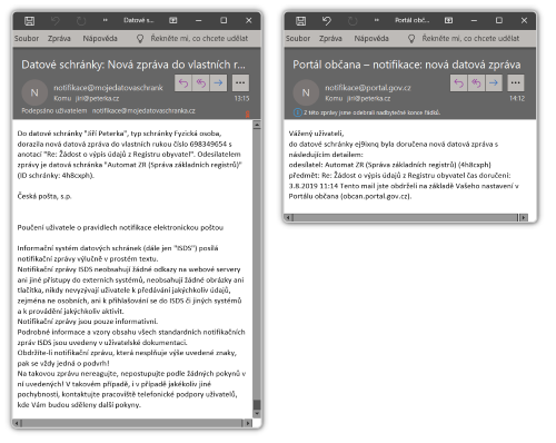 Srovnn notifikace od datovch schrnek (vlevo) a od Portlu obana (vpravo)