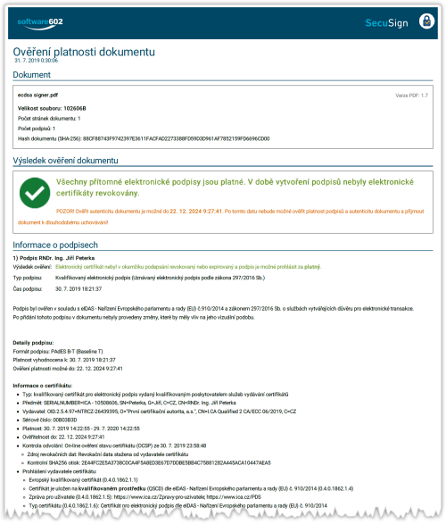Výsledek ověření pomocí kvalifikované služby SecuSign