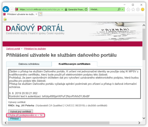 Pokus o přihlášení k daňové informační stránce