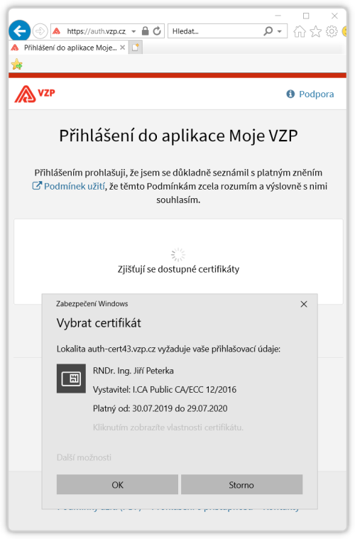 Výběr certifikátu při přihlašování do služby Moje VZP