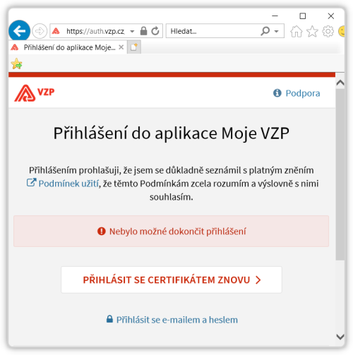 Neúspěšné přihlášení do služby Moje VZP