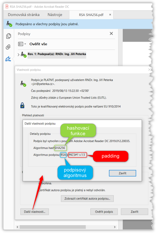 Jak Adobe Reader ukazuje pouitou hashovac funkci, podpisov algoritmus a tzv. padding