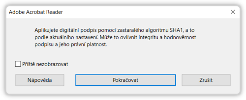 Varovn Adobe Readeru ped zastaralou hashovac funkc SHA1