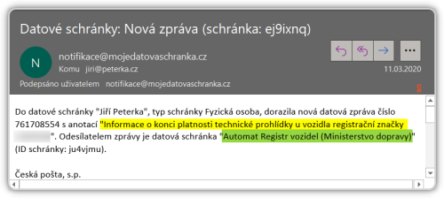 Notifikan email s identifikac odesilatele a pedmtem zprvy