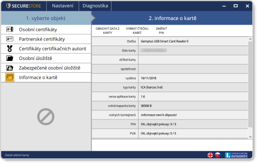 Aplikace SecuStore pro sprvu karty