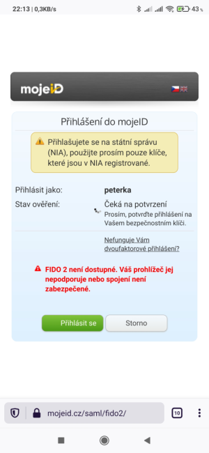 Mobiln Firefox jet nepodporuje FIDO2