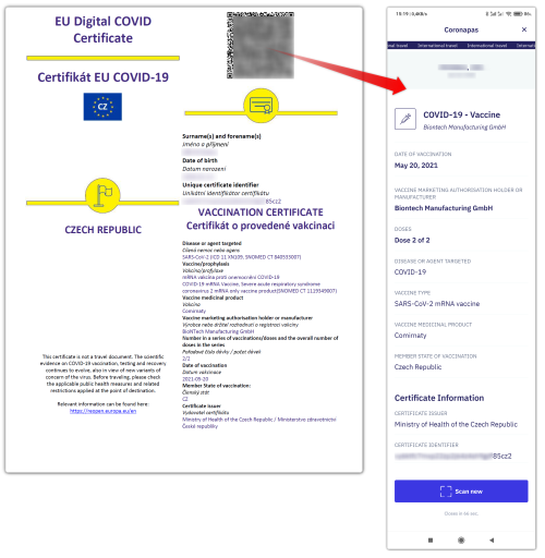 Obsah oekvaccho certifiktu v podob PDF a po naten aplikac Coronapas